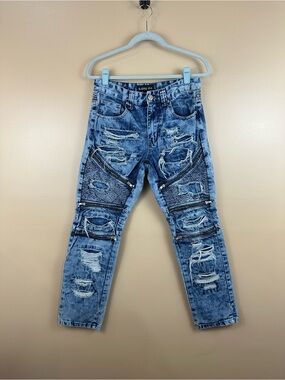 G-Style USA Mens Moto Biker Jeans Distressed Acid Wash Zipper Slim Tapered 30x30
